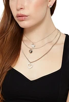 Womens Heart Charm Layered Necklace with Stud Earring Trio, Silver