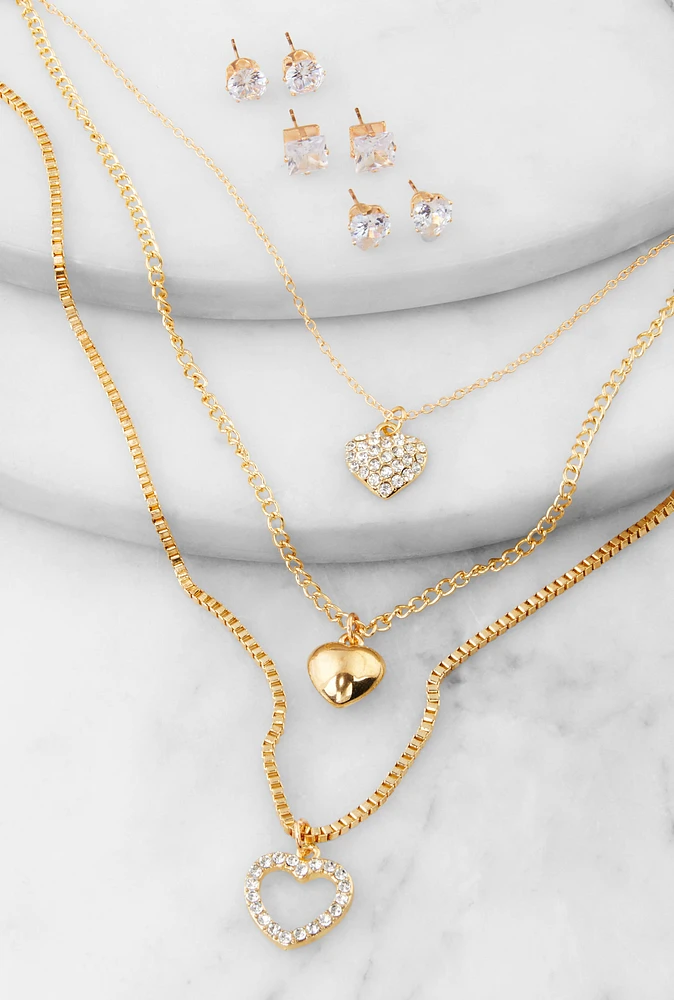 Womens Heart Charm Layered Necklace with Stud Earring Trio, Gold