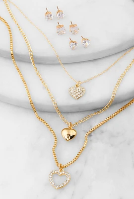 Womens Heart Charm Layered Necklace with Stud Earring Trio, Gold