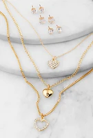 Womens Heart Charm Layered Necklace with Stud Earring Trio, Gold