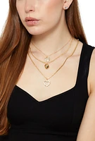 Womens Heart Charm Layered Necklace with Stud Earring Trio, Gold