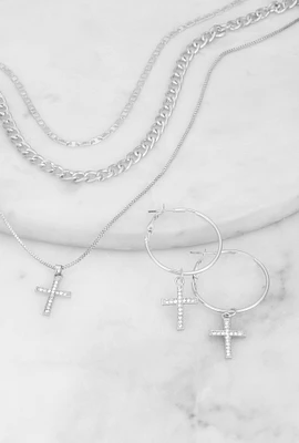 Womens Cubic Zirconia Cross Layered Necklace and Earrings Set, Silver