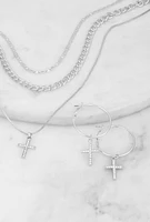 Womens Cubic Zirconia Cross Layered Necklace and Earrings Set, Silver