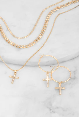 Womens Cubic Zirconia Cross Layered Necklace and Earrings Set, Gold