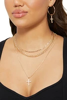 Womens Cubic Zirconia Cross Layered Necklace and Earrings Set, Gold