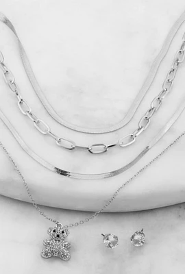 Womens Teddy Bear Charm Layered Necklace and Cubic Zirconia Earrings, Silver