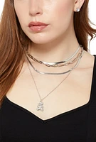 Womens Teddy Bear Charm Layered Necklace and Cubic Zirconia Earrings, Silver
