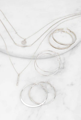 Womens Cubic Zirconia Layered Necklace with Hoop Earring Trio, Silver