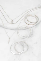 Womens Cubic Zirconia Layered Necklace with Hoop Earring Trio, Silver