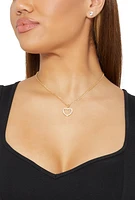 Womens Cubic Zirconia Heart Charm Necklace and Stud Earrings, Gold