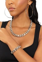 Womens Curb Chain Necklace and Bracelet with Hoop Earrings, Silver