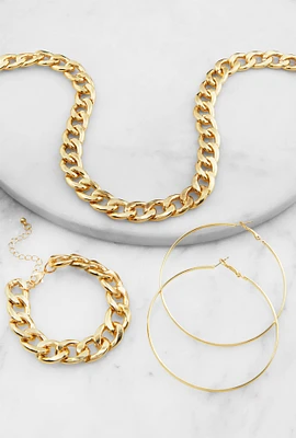 Womens Curb Chain Necklace and Bracelet with Hoop Earrings, Gold