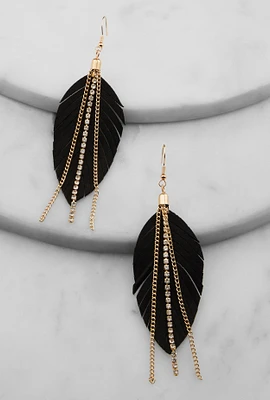 Womens Fringe Rhinestone Chain Leaf Earrings, Black