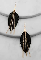 Womens Fringe Rhinestone Chain Leaf Earrings, Black