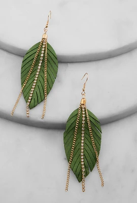 Womens Fringe Rhinestone Chain Leaf Earrings, Green