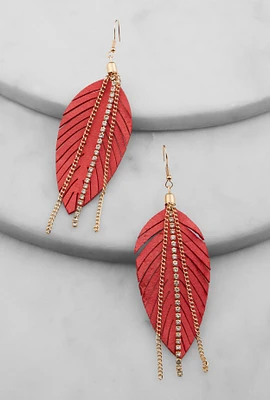 Womens Fringe Rhinestone Chain Leaf Earrings, Red