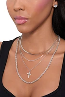 Womens Cross Charm Layered Necklace with Stud Earring Trio, Silver