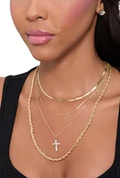 Womens Cross Charm Layered Necklace with Stud Earring Trio, Gold