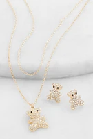 Womens Cubic Zirconia Bear Layered Necklace and Stud Earrings, Gold