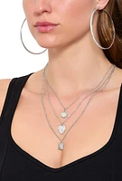 Womens Cubic Zirconia Charm Layered Necklace and Earring Trio, Silver