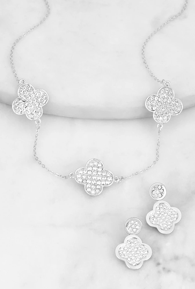 Womens Pave Clover Charm Earrings and Necklace Set, Silver