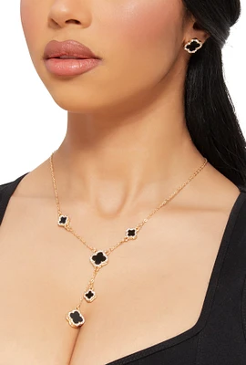 Womens Clover Charm Lariat Necklace and Stud Earrings, Gold