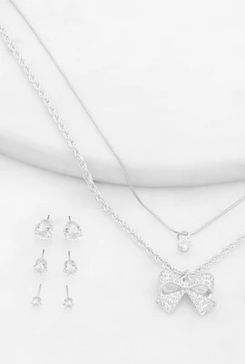 Womens Bow Layered Necklace and Cubic Zirconia Earrings Set, Silver