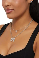 Womens Bow Layered Necklace and Cubic Zirconia Earrings Set, Silver