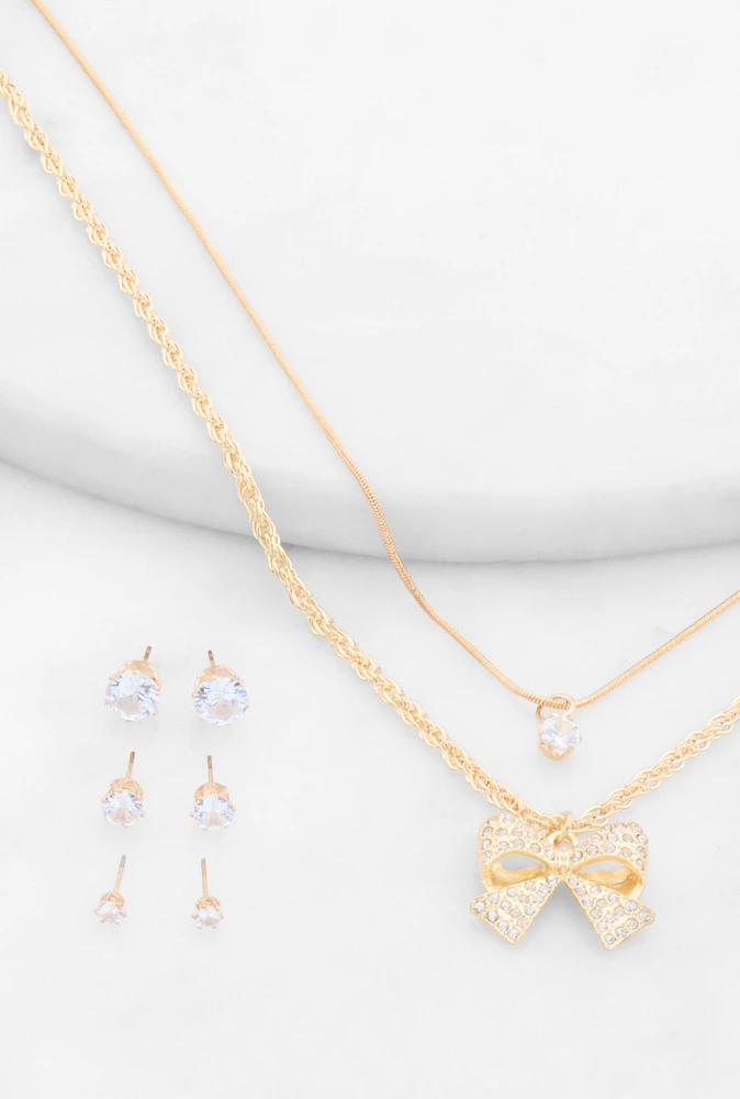 Womens Bow Layered Necklace and Cubic Zirconia Earrings Set, Gold