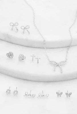 Womens Cubic Zirconia Bow Necklace and Assorted Stud Earrings, Silver