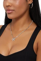 Womens Cubic Zirconia Bow Necklace with Hoop and Stud Earrings, Silver