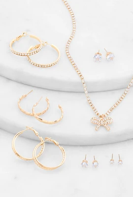 Womens Cubic Zirconia Bow Necklace with Hoop and Stud Earrings, Gold
