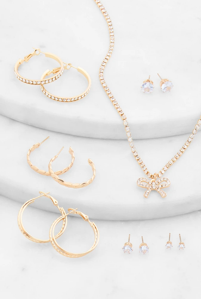 Womens Cubic Zirconia Bow Necklace with Hoop and Stud Earrings, Gold