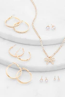Womens Cubic Zirconia Bow Necklace with Hoop and Stud Earrings, Gold