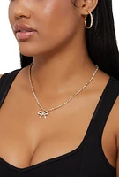 Womens Cubic Zirconia Bow Necklace with Hoop and Stud Earrings, Gold