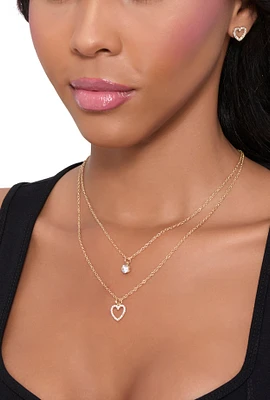 Womens Heart Charm Layered Necklace and Stud Earrings Set, Gold