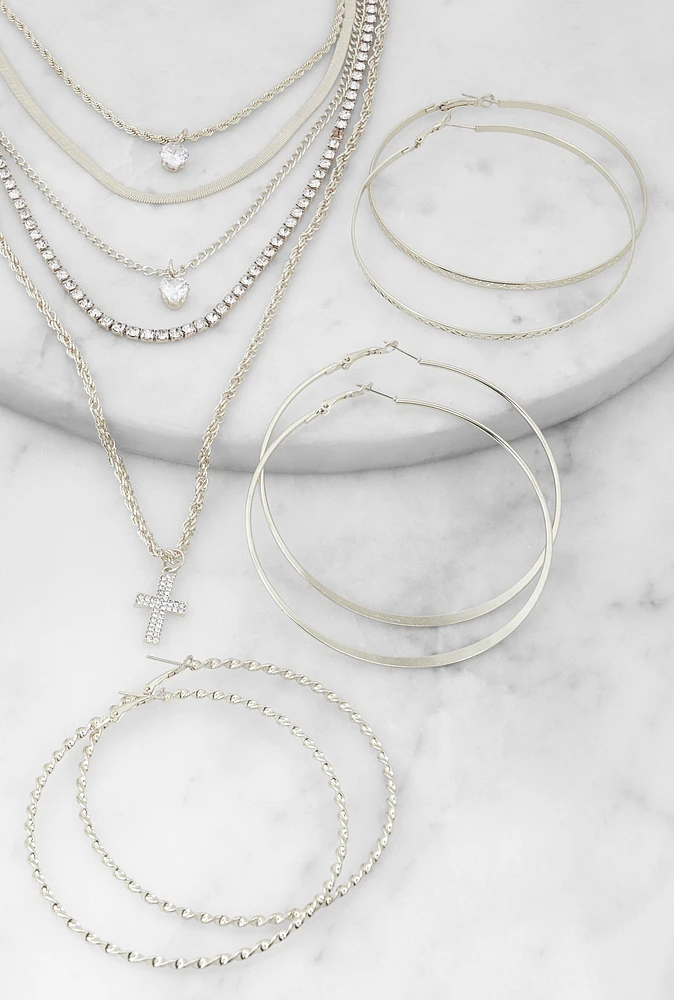 Womens Cross Rhinestone Layered Necklace with Hoop Earring Trio, Silver