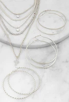 Womens Cross Rhinestone Layered Necklace with Hoop Earring Trio, Silver