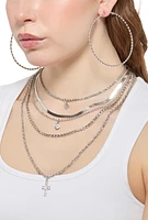 Womens Cross Rhinestone Layered Necklace with Hoop Earring Trio, Silver