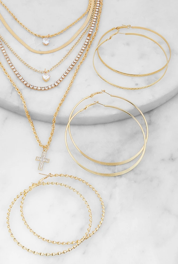 Womens Cross Rhinestone Layered Necklace with Hoop Earring Trio, Gold