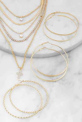 Womens Cross Rhinestone Layered Necklace with Hoop Earring Trio, Gold