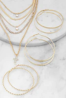 Womens Cross Rhinestone Layered Necklace with Hoop Earring Trio, Gold