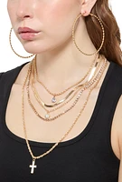 Womens Cross Rhinestone Layered Necklace with Hoop Earring Trio, Gold