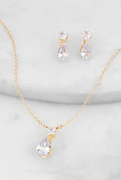 Womens Cubic Zirconia Necklace and Drop Stud Earrings, Gold