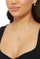 Womens Cubic Zirconia Necklace and Drop Stud Earrings, Silver