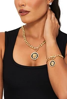 Womens Lion Pendant Necklace and Bracelet with Stud Earring Trio, Gold