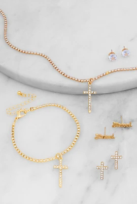 Womens Rhinestone Cross Necklace with Bracelet and Stud Earrings, Gold