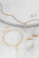 Womens Rhinestone Cross Necklace with Bracelet and Stud Earrings, Gold
