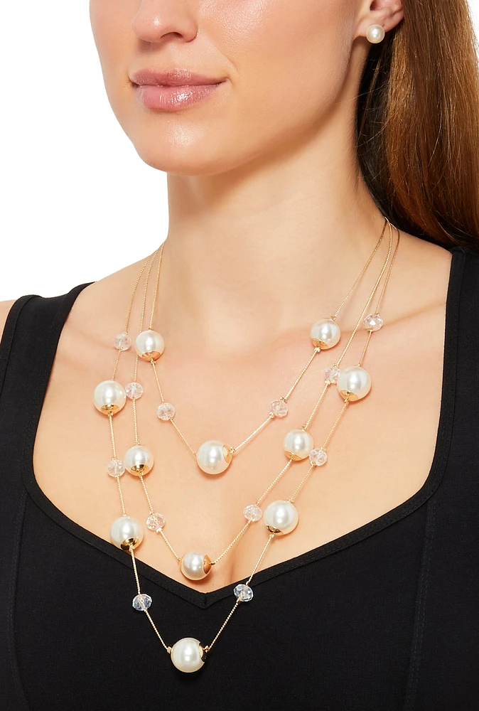 Womens Faux Pearl Layered Necklace and Earrings Set, Gold