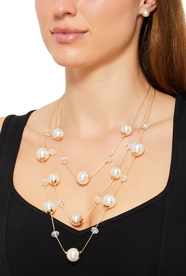 Womens Faux Pearl Layered Necklace and Earrings Set, Gold